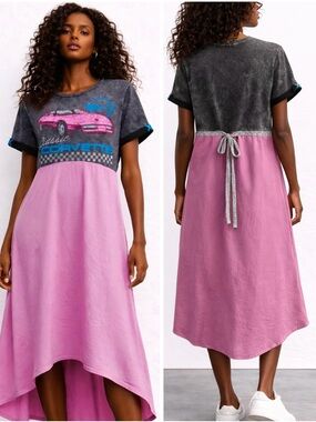 Upcycled Corvette Graphic Cotton Dress M Boho High Low Midi Handmade Tie Back